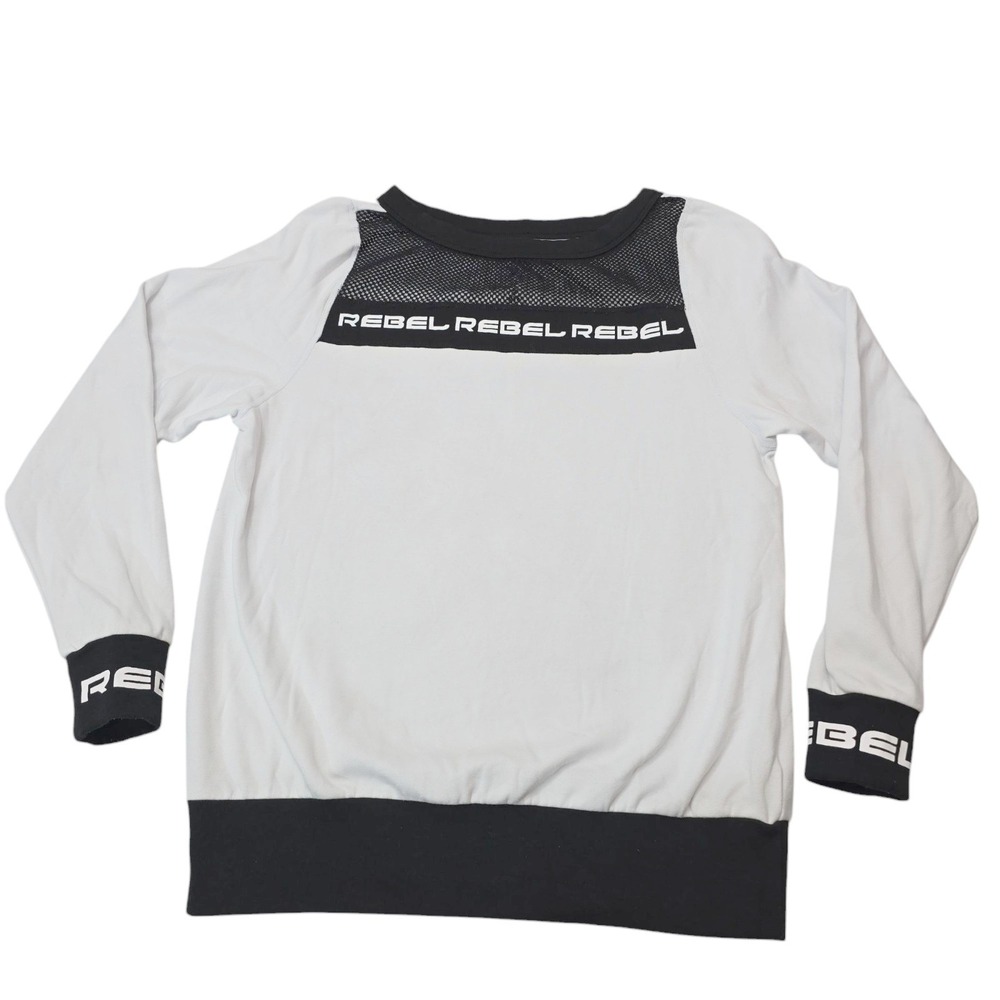 Rebel Athletic Top Womens AXS White Cotton Mesh Long Sleeve Pullover Sporty Logo